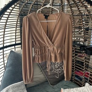 Sincerely Jules Long Sleeve Faux Wrap Tie Front Plisse Top, Tan, Size S